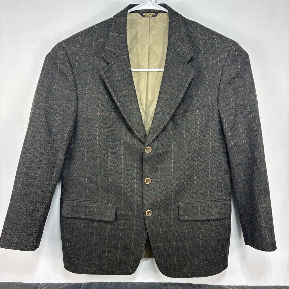 Palm Beach‎ Plaid Tweed Blazer Mens 46 Brown 100% Wool Sport Coat Vintage